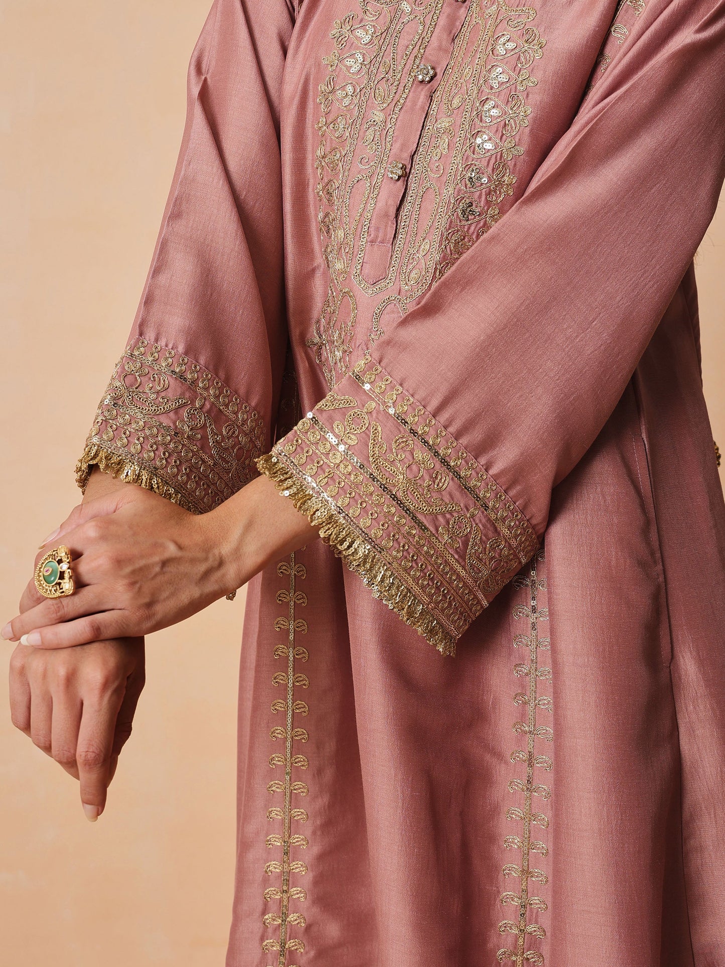 Women Onion Pink Embroidered Choga Kurta With Straight Pant & Dupatta
