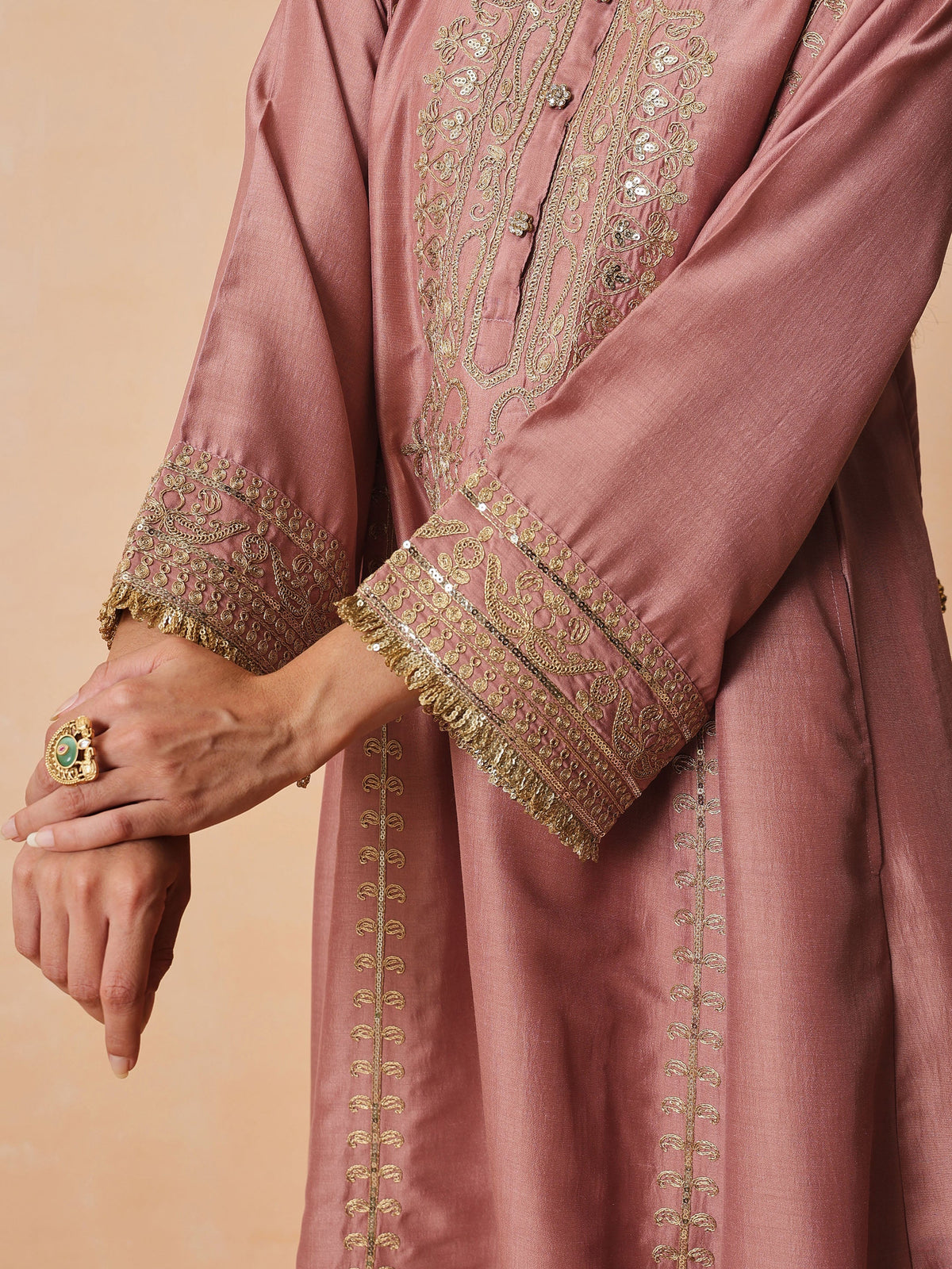 Women Onion Pink Embroidered Choga Kurta With Straight Pant & Dupatta