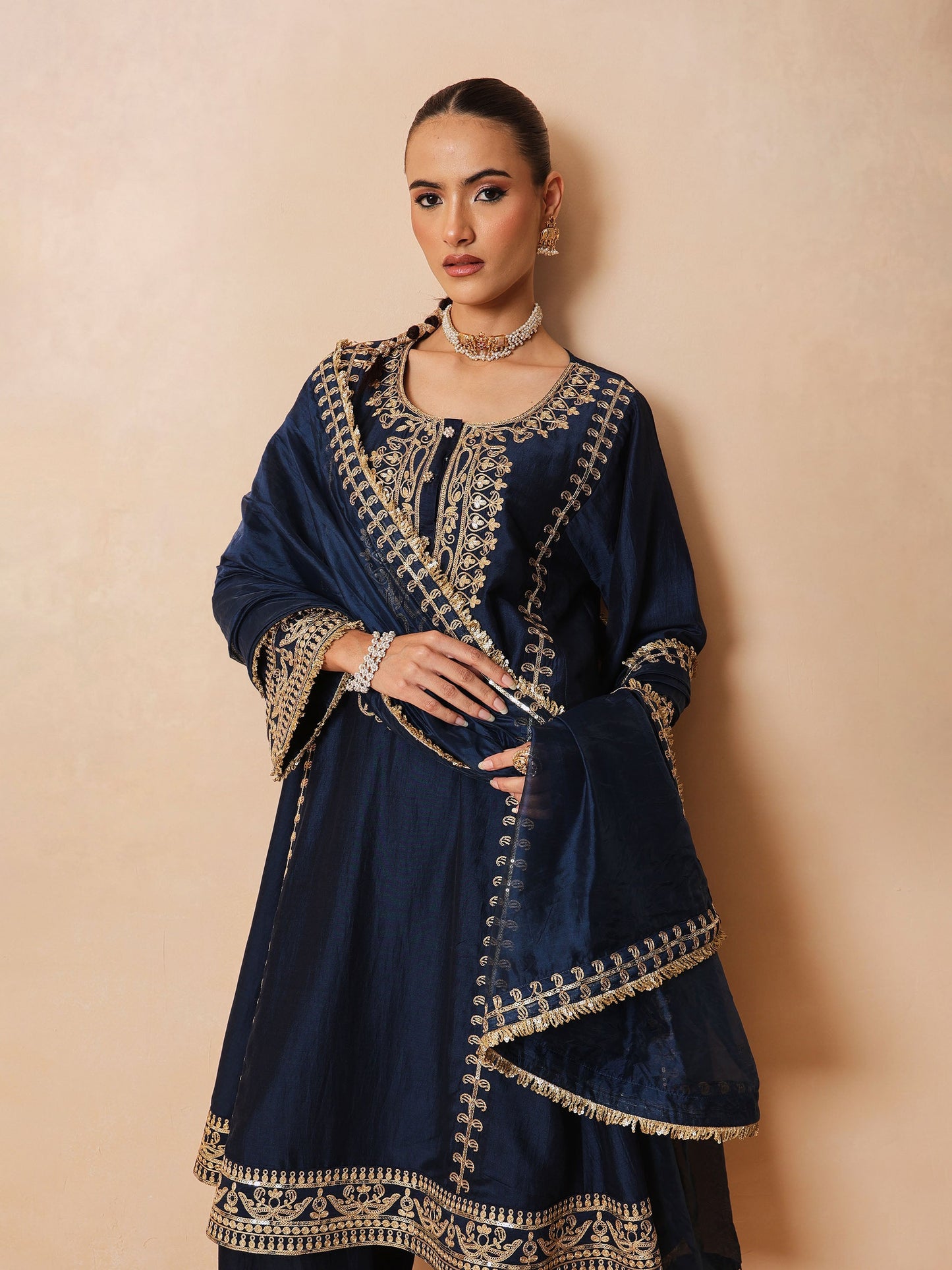 Navy Embroidered Choga Kurta With Straight Pant & Dupatta-Luxe - Shae by SASSAFRAS