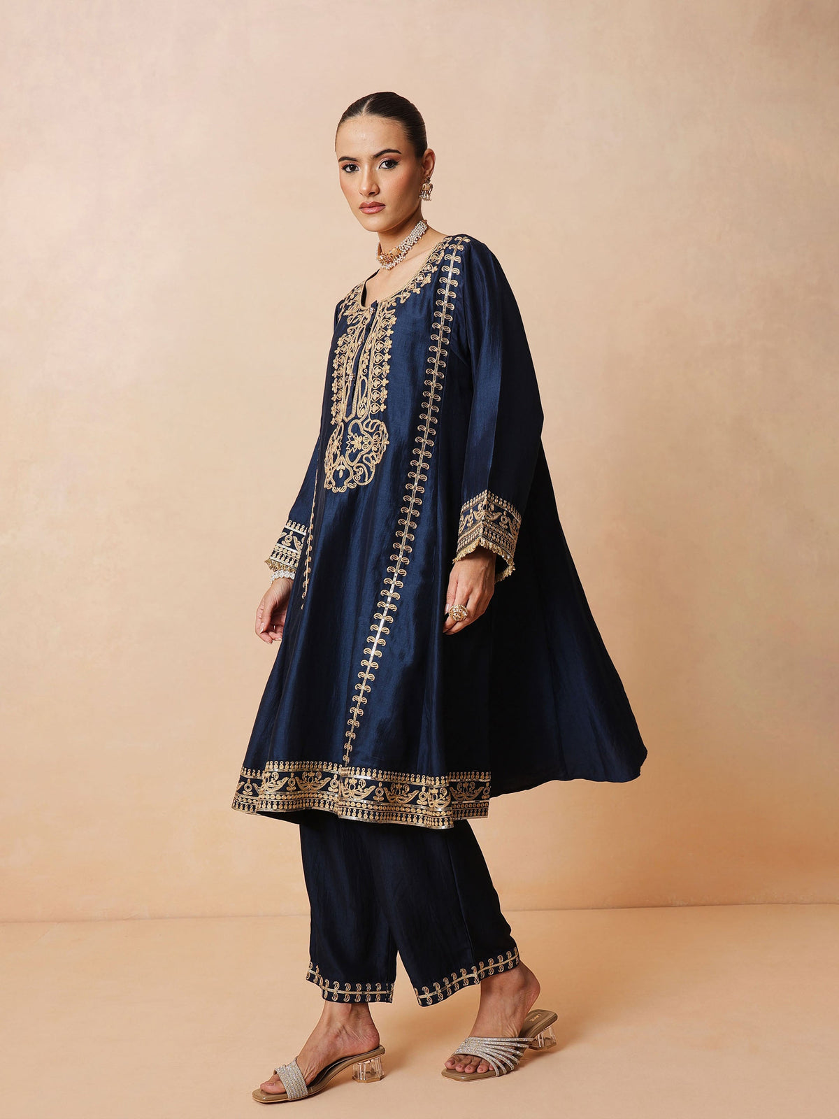 Navy Embroidered Choga Kurta With Straight Pant & Dupatta-Luxe - Shae by SASSAFRAS