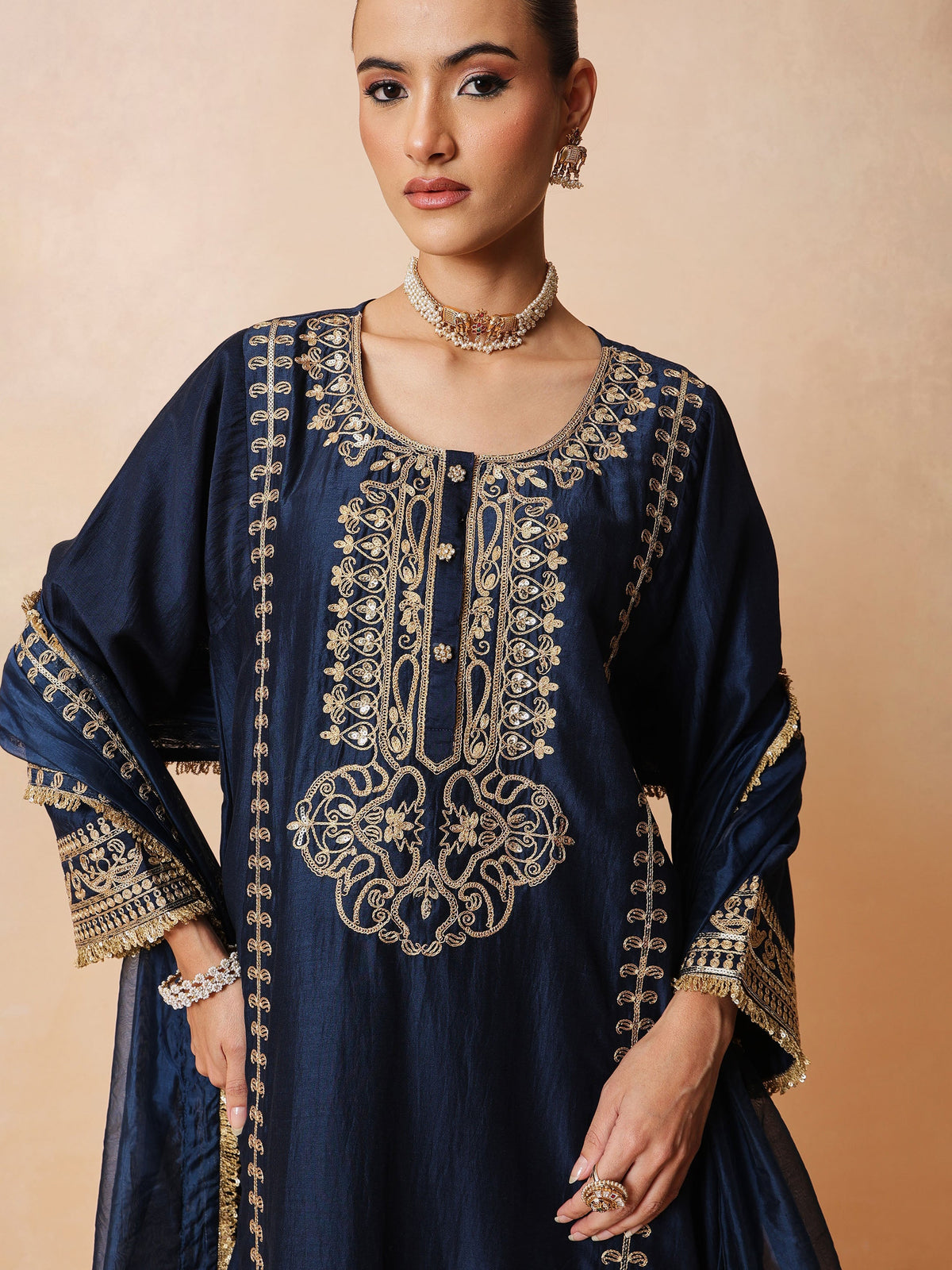 Navy Embroidered Choga Kurta With Straight Pant & Dupatta-Luxe - Shae by SASSAFRAS