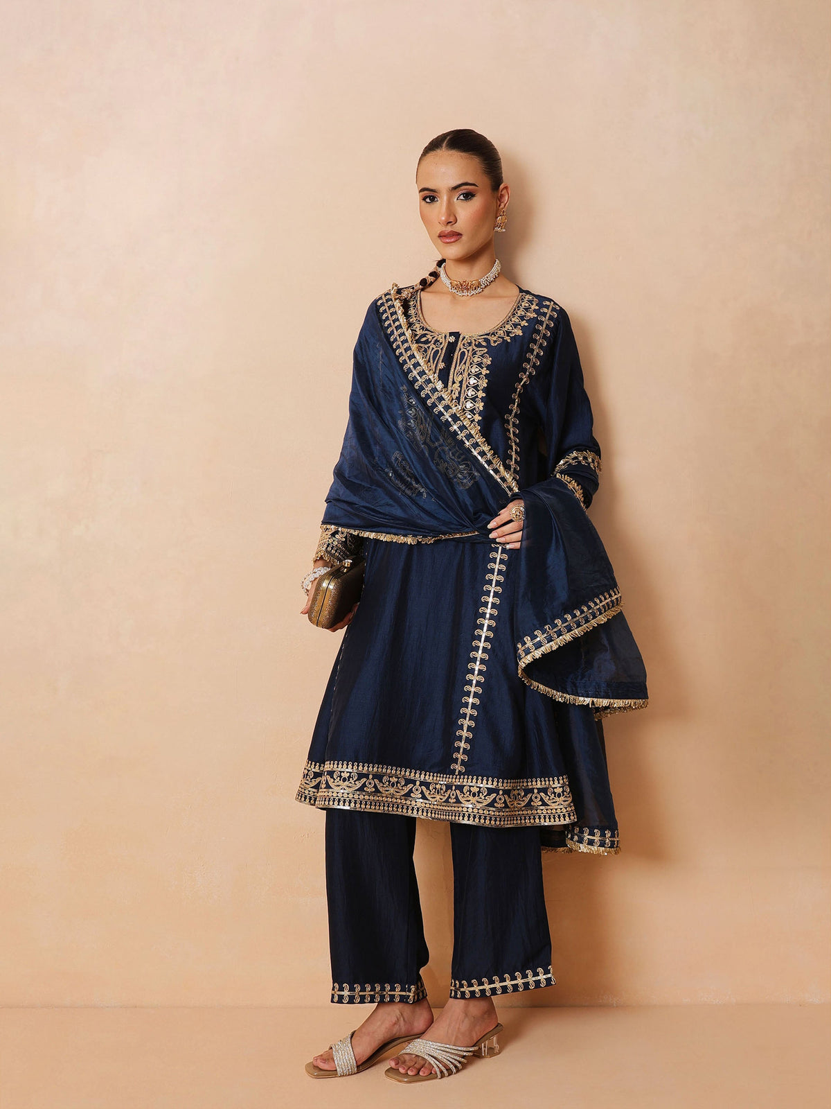 Navy Embroidered Choga Kurta With Straight Pant & Dupatta-Luxe - Shae by SASSAFRAS