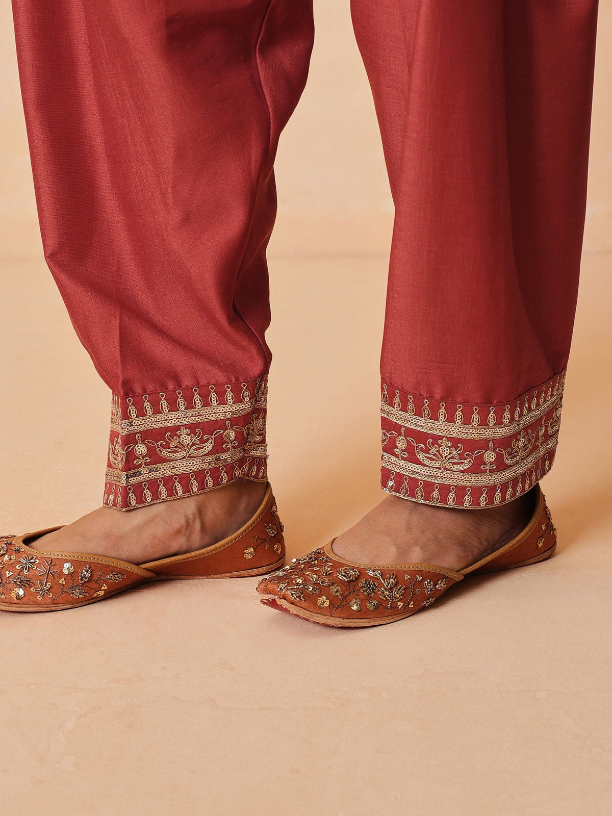 Women Rust Embroidered Short Kurta With Farshi Salwar & Dupatta