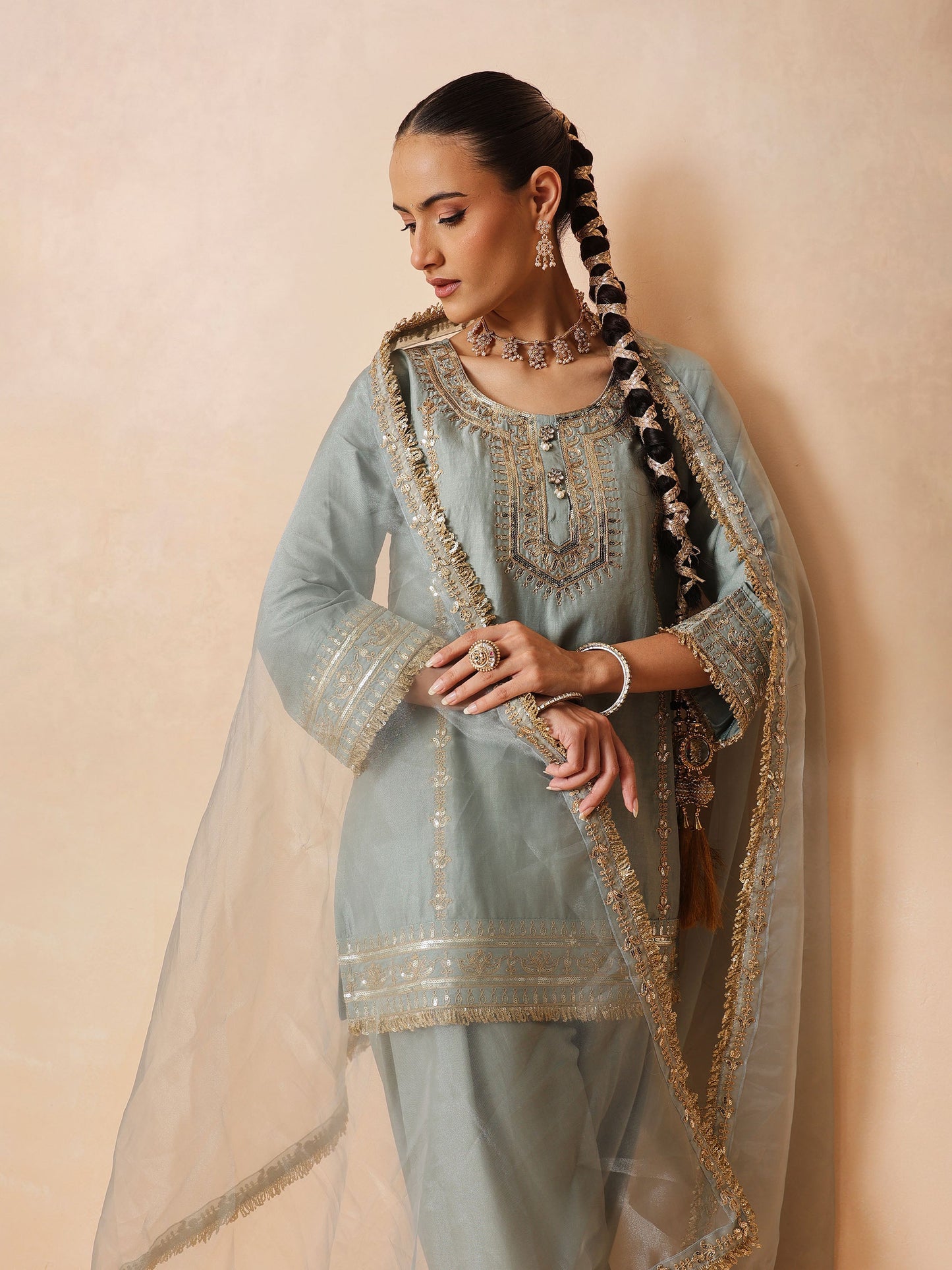 Pista Green Embroidered Short Kurta With Farshi Salwar & Dupatta-Luxe - Shae by SASSAFRAS