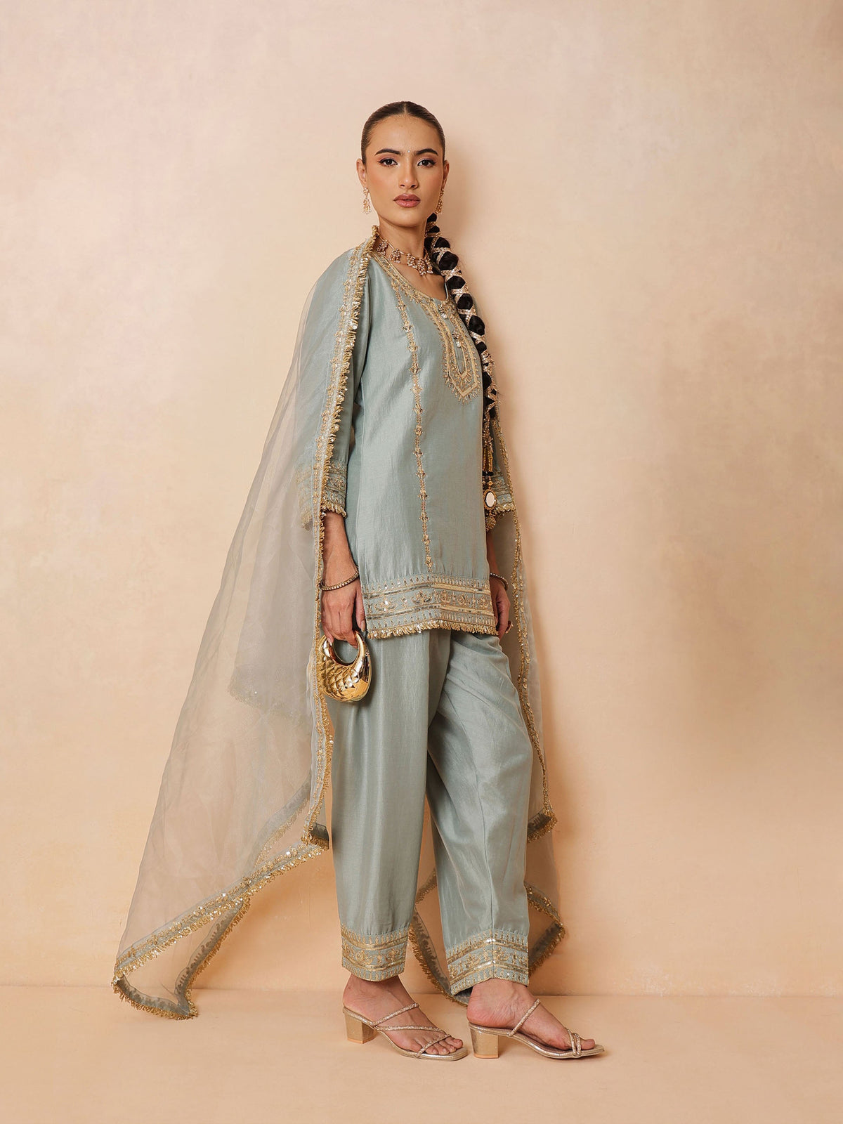 Pista Green Embroidered Short Kurta With Farshi Salwar & Dupatta-Luxe - Shae by SASSAFRAS