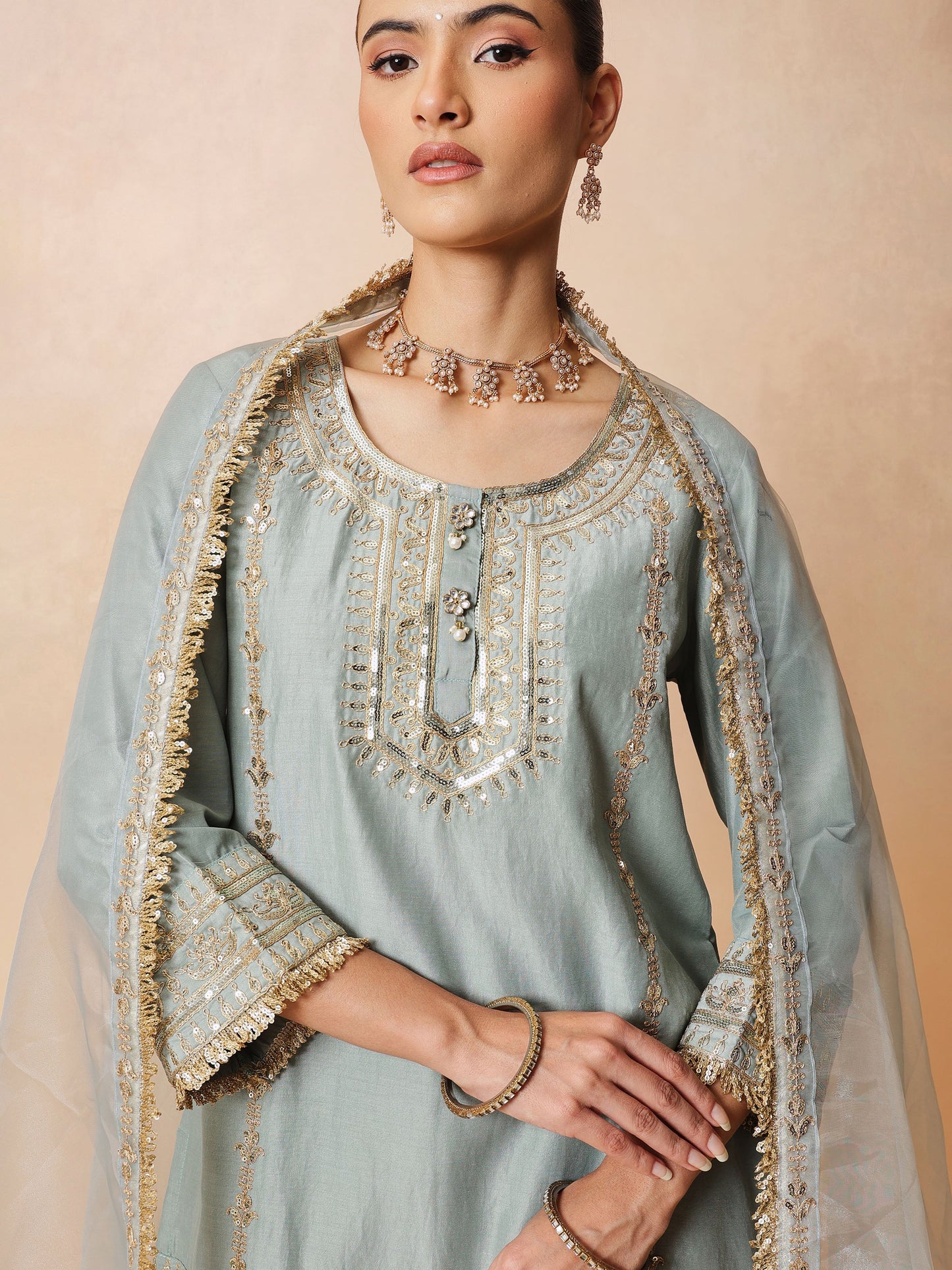Pista Green Embroidered Short Kurta With Farshi Salwar & Dupatta-Luxe - Shae by SASSAFRAS