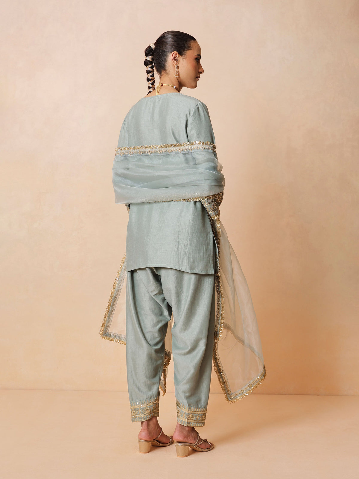 Pista Green Embroidered Short Kurta With Farshi Salwar & Dupatta-Luxe - Shae by SASSAFRAS