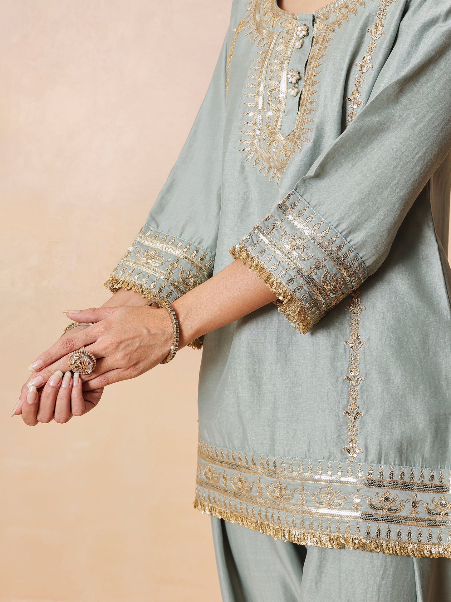 Pista Green Embroidered Short Kurta With Farshi Salwar & Dupatta-Luxe - Shae by SASSAFRAS