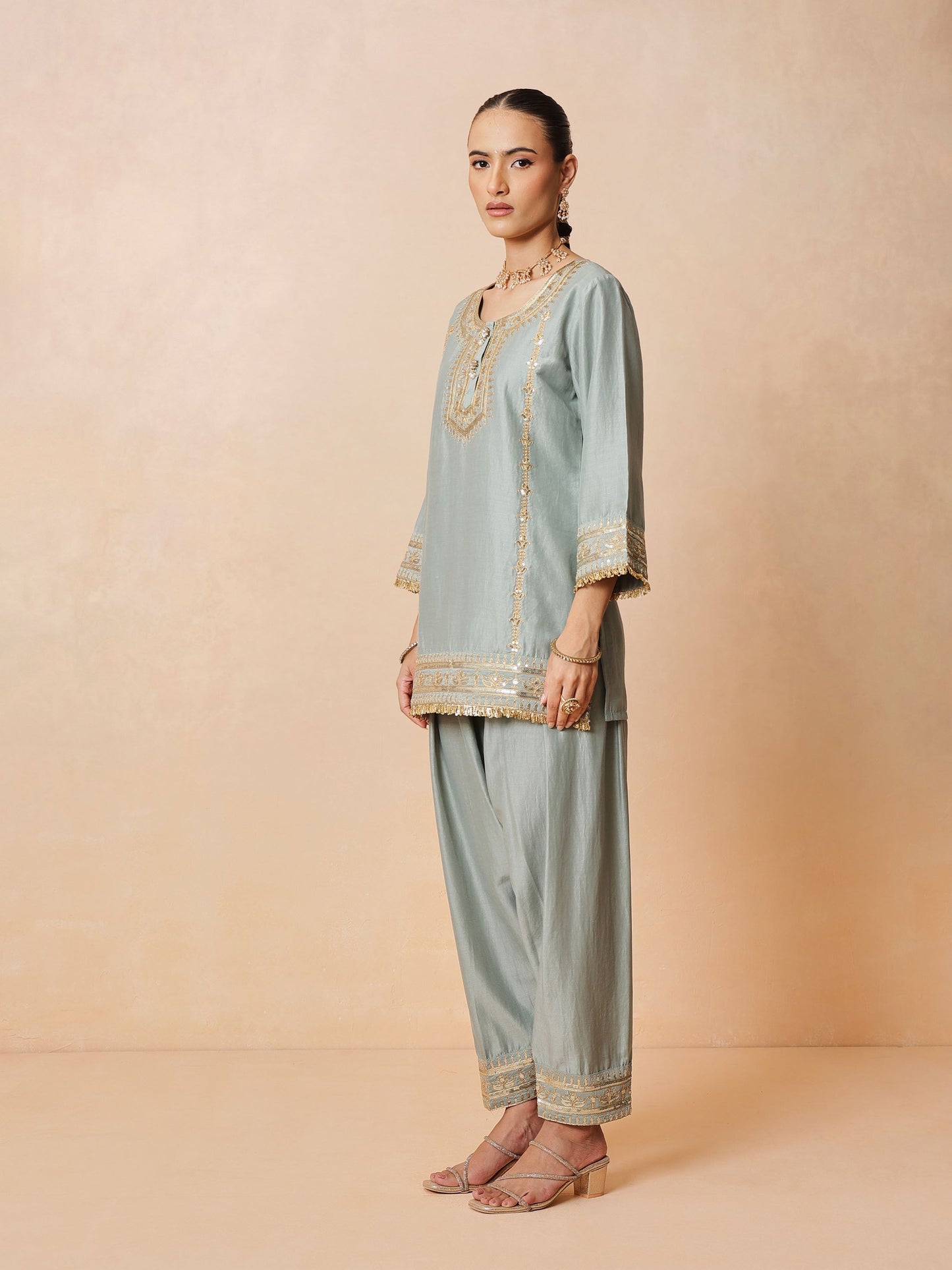 Pista Green Embroidered Short Kurta With Farshi Salwar & Dupatta-Luxe - Shae by SASSAFRAS
