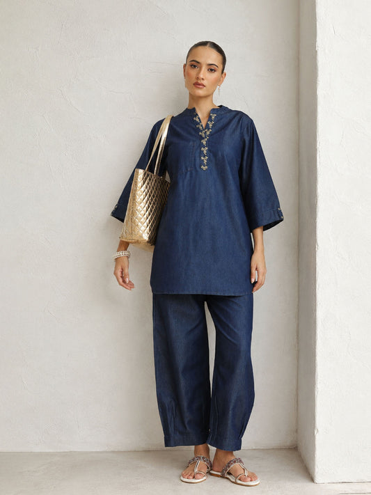 Navy Embroidered Short Kurta With Straight Pants -Shae by SASSAFRAS