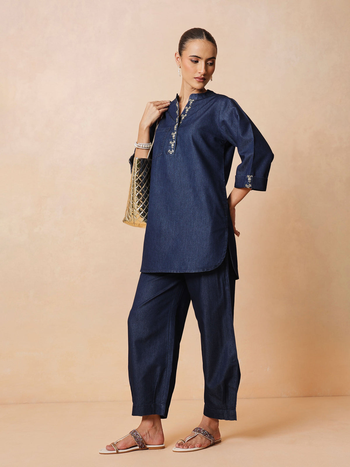 Navy Embroidered Short Kurta With Straight Pants -Shae by SASSAFRAS