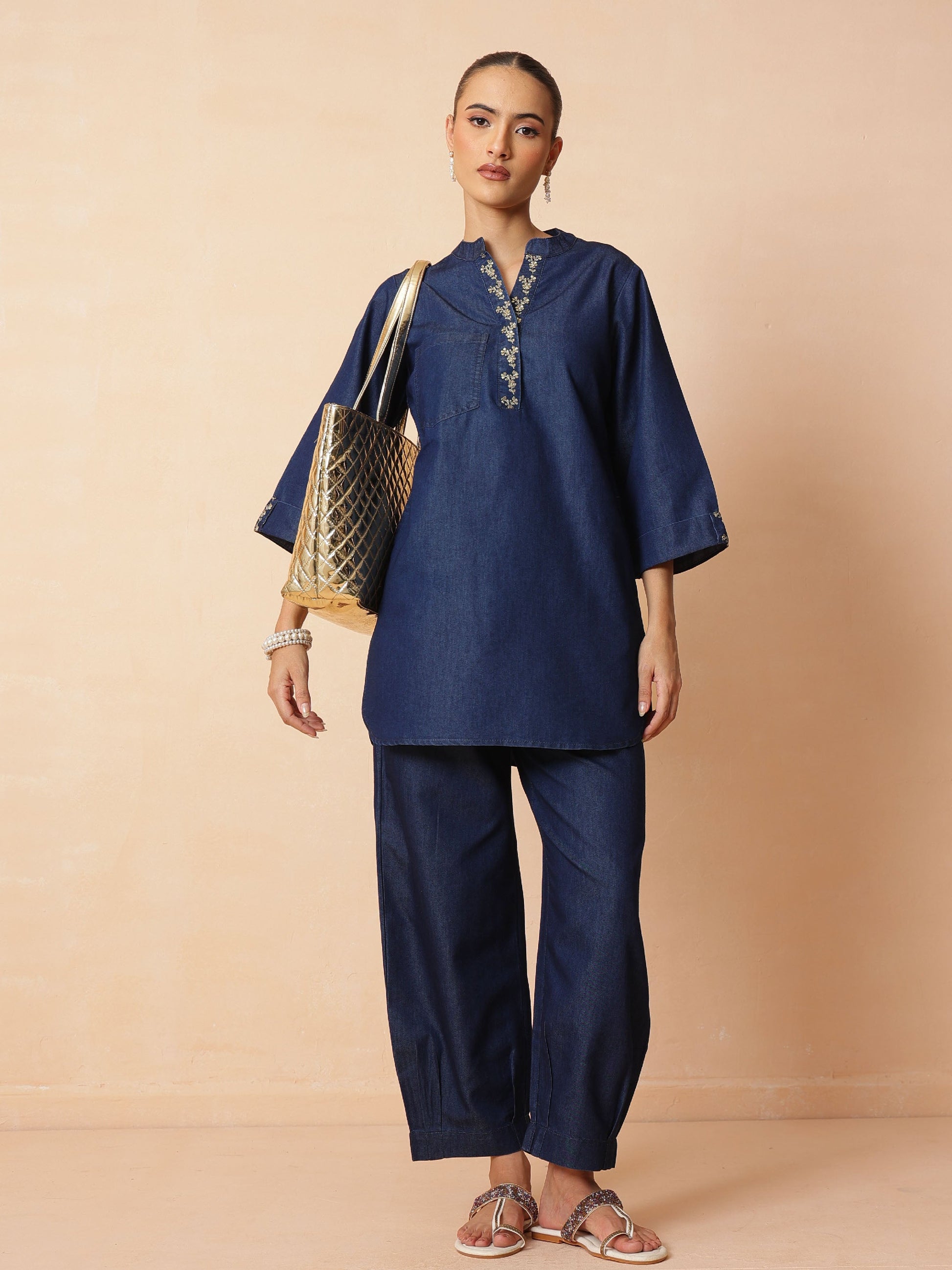 Navy Embroidered Short Kurta With Straight Pants -Shae by SASSAFRAS