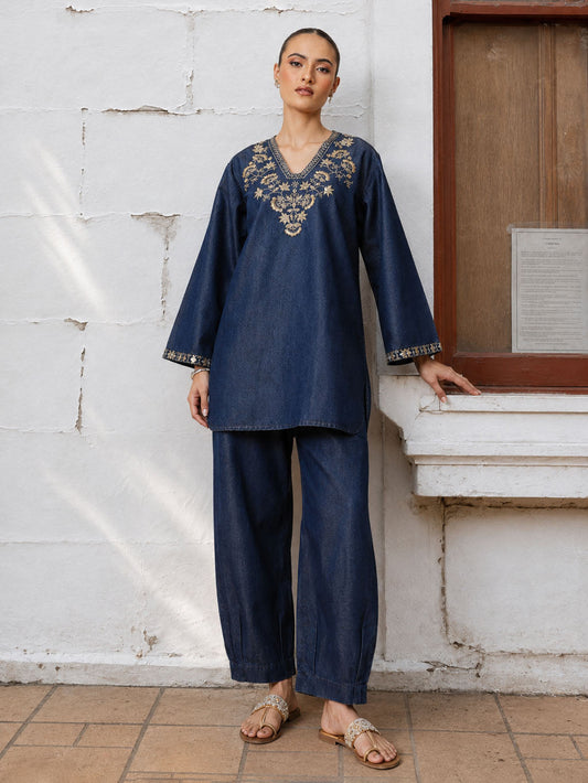 Navy Glass Neck Embroidered Short Kurta With Straight Pants -Shae by SASSAFRAS