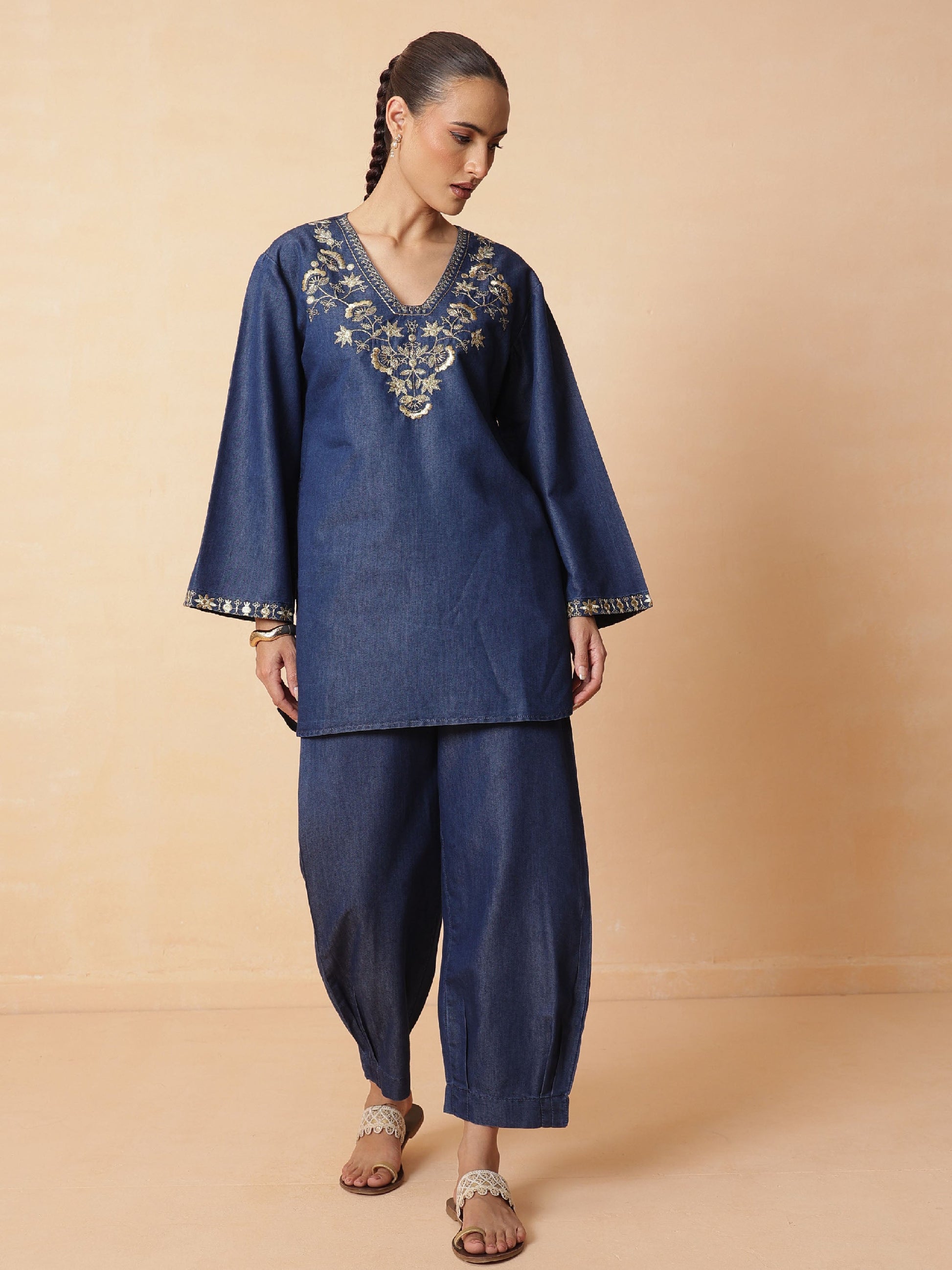Navy Glass Neck Embroidered Short Kurta With Straight Pants -Shae by SASSAFRAS