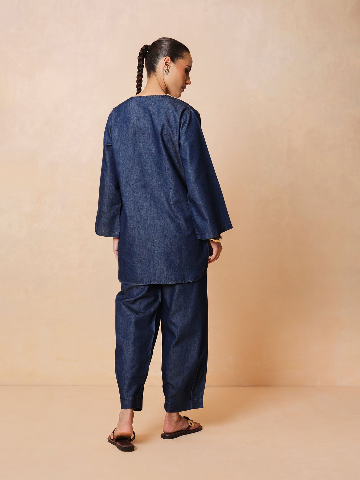 Navy Round Neck Embroidered Short Kurta With Straight Pants -Shae by SASSAFRAS