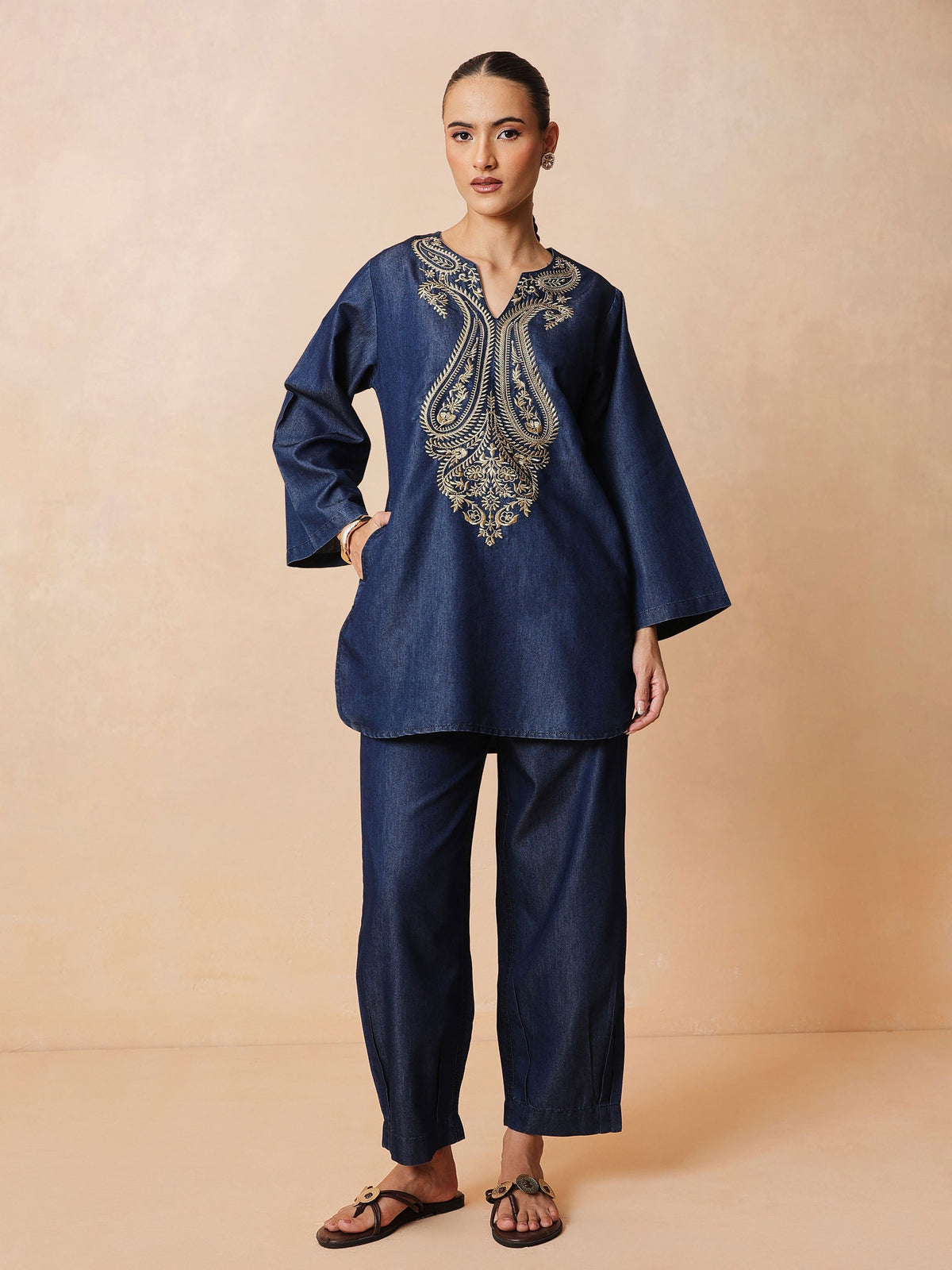 Navy Round Neck Embroidered Short Kurta With Straight Pants -Shae by SASSAFRAS