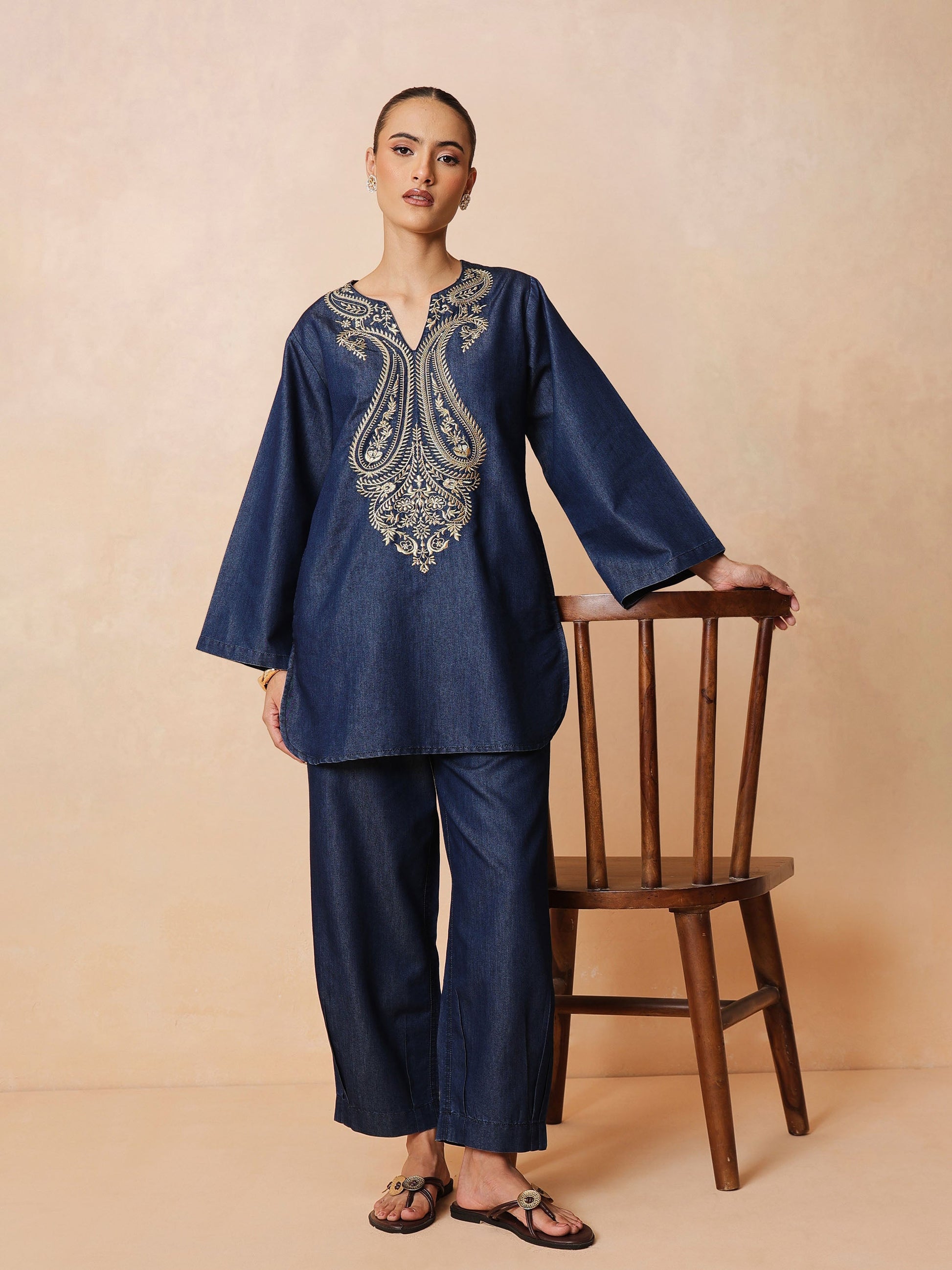 Navy Round Neck Embroidered Short Kurta With Straight Pants -Shae by SASSAFRAS