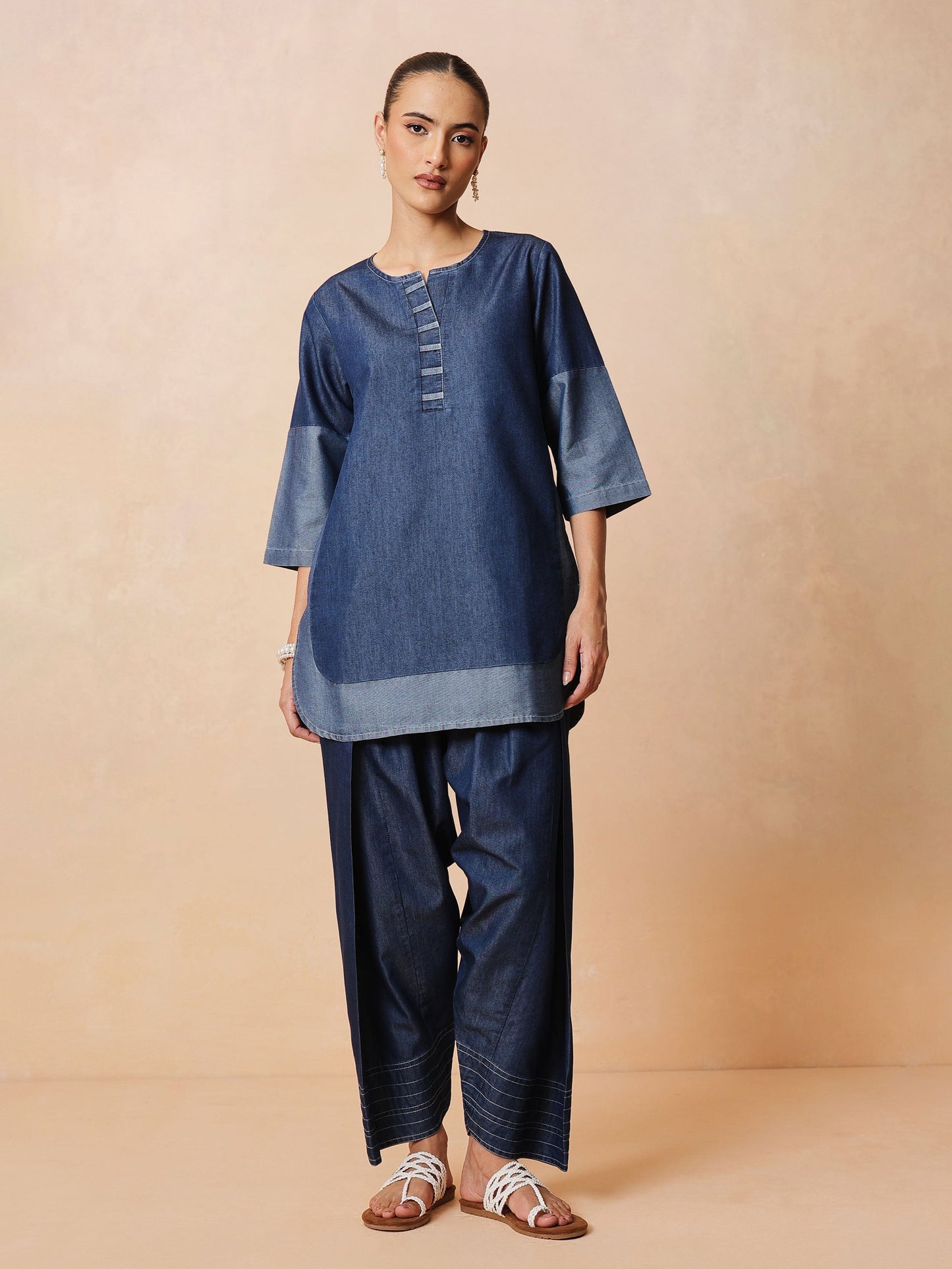 Navy Colour Block Short Kurta With Farshi Salwar-Shae by SASSAFRAS