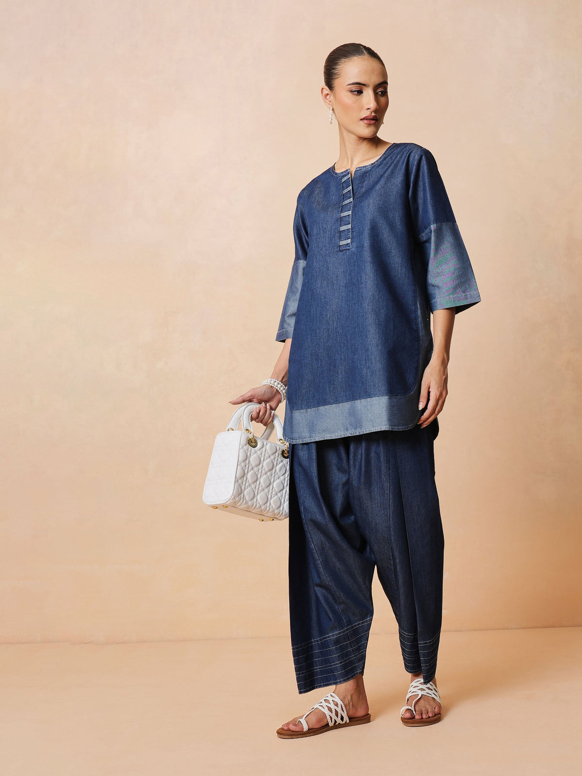 Navy Colour Block Short Kurta With Farshi Salwar-Shae by SASSAFRAS