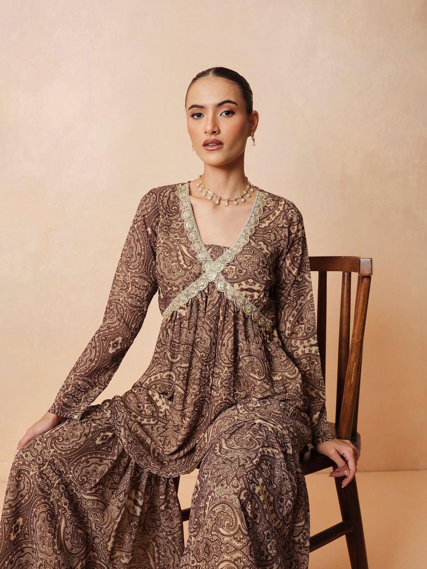Brown & Beige Peplum Top With Sharara Pants -Shae by SASSAFRAS