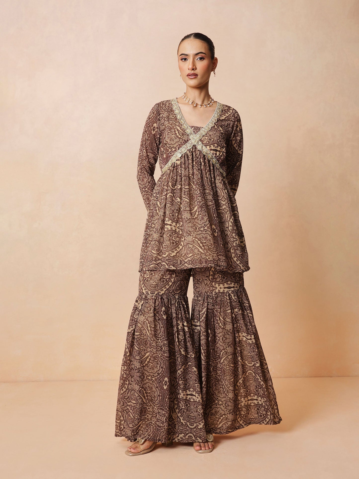 Brown & Beige Peplum Top With Sharara Pants -Shae by SASSAFRAS