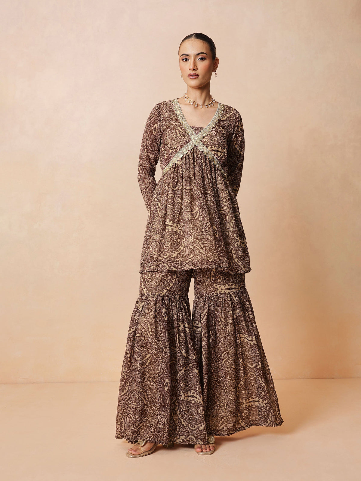Brown & Beige Peplum Top With Sharara Pants -Shae by SASSAFRAS