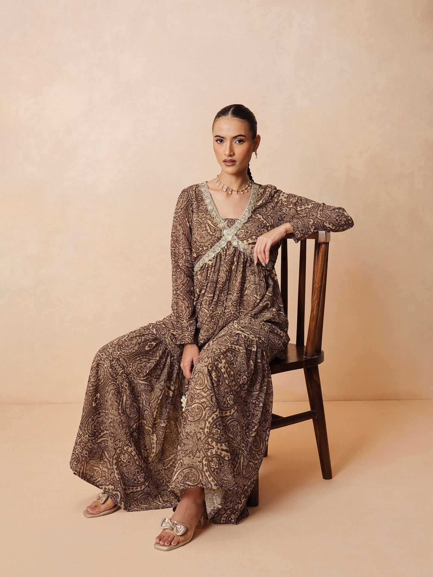 Brown & Beige Peplum Top With Sharara Pants -Shae by SASSAFRAS