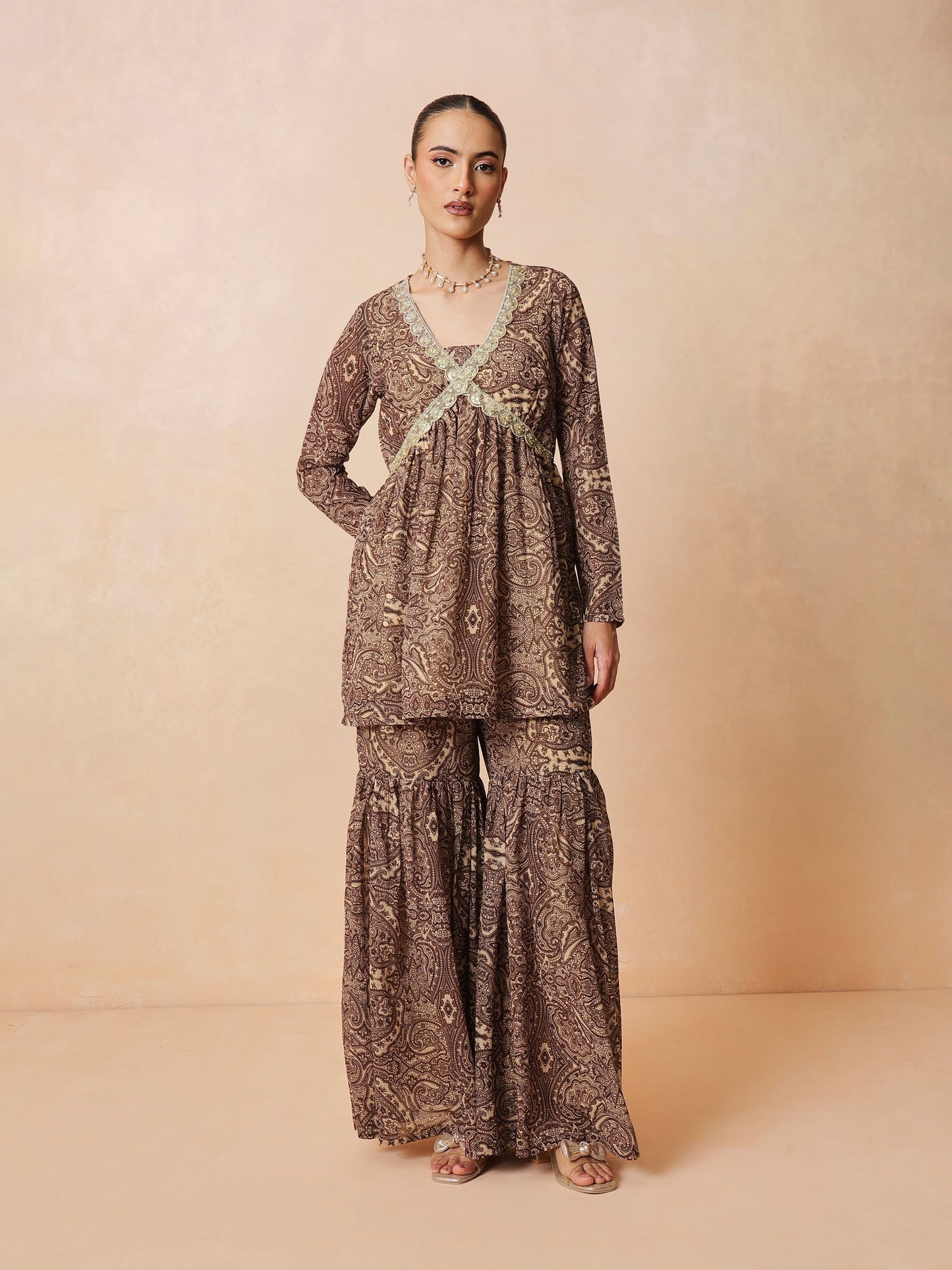 Brown & Beige Peplum Top With Sharara Pants -Shae by SASSAFRAS