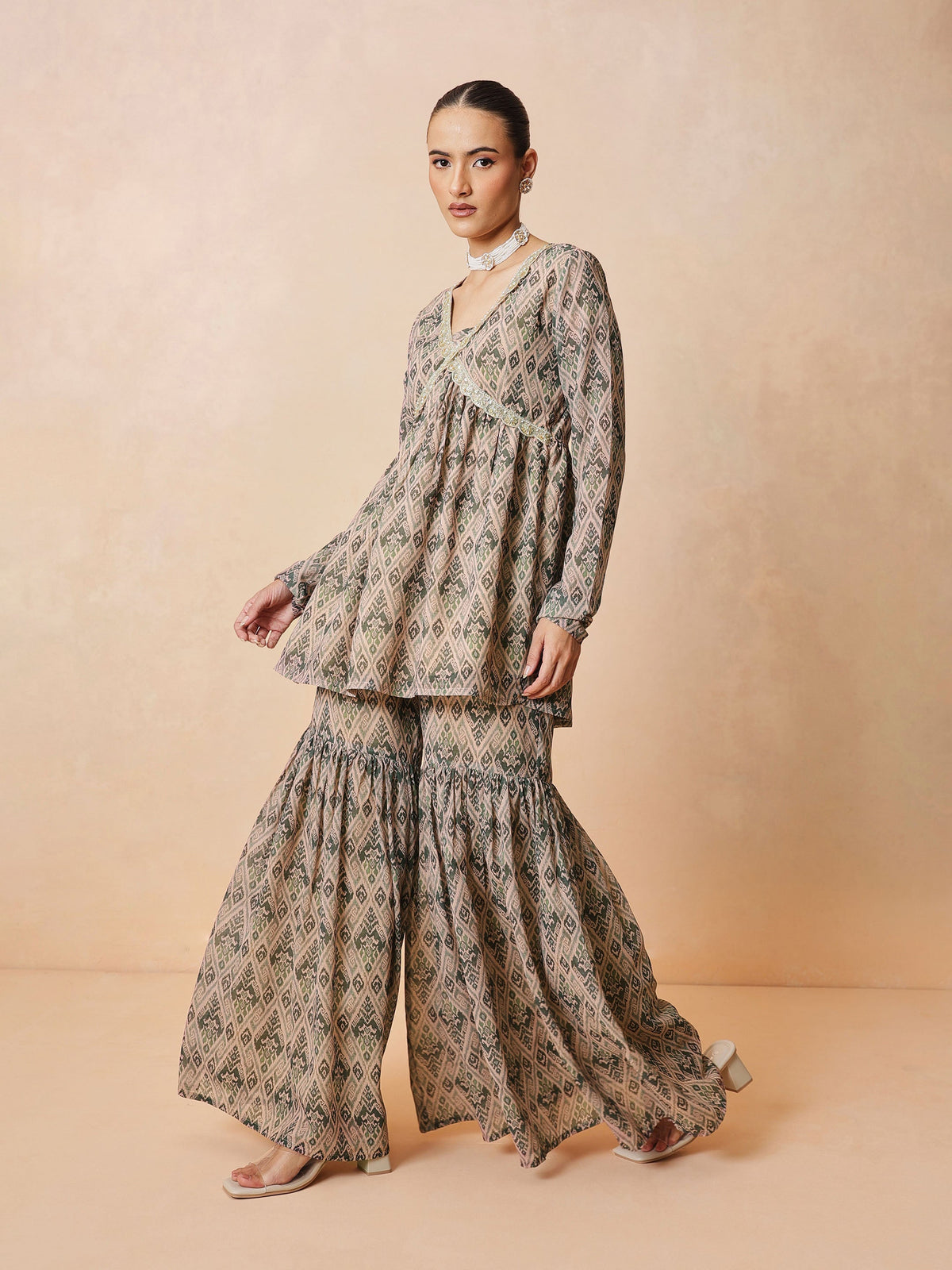 Beige & Olive Peplum Top With Sharara Pants -Shae by SASSAFRAS