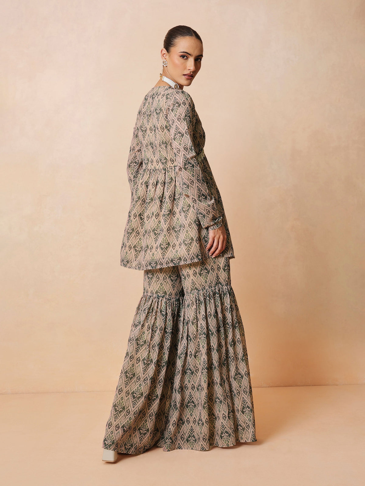 Beige & Olive Peplum Top With Sharara Pants -Shae by SASSAFRAS