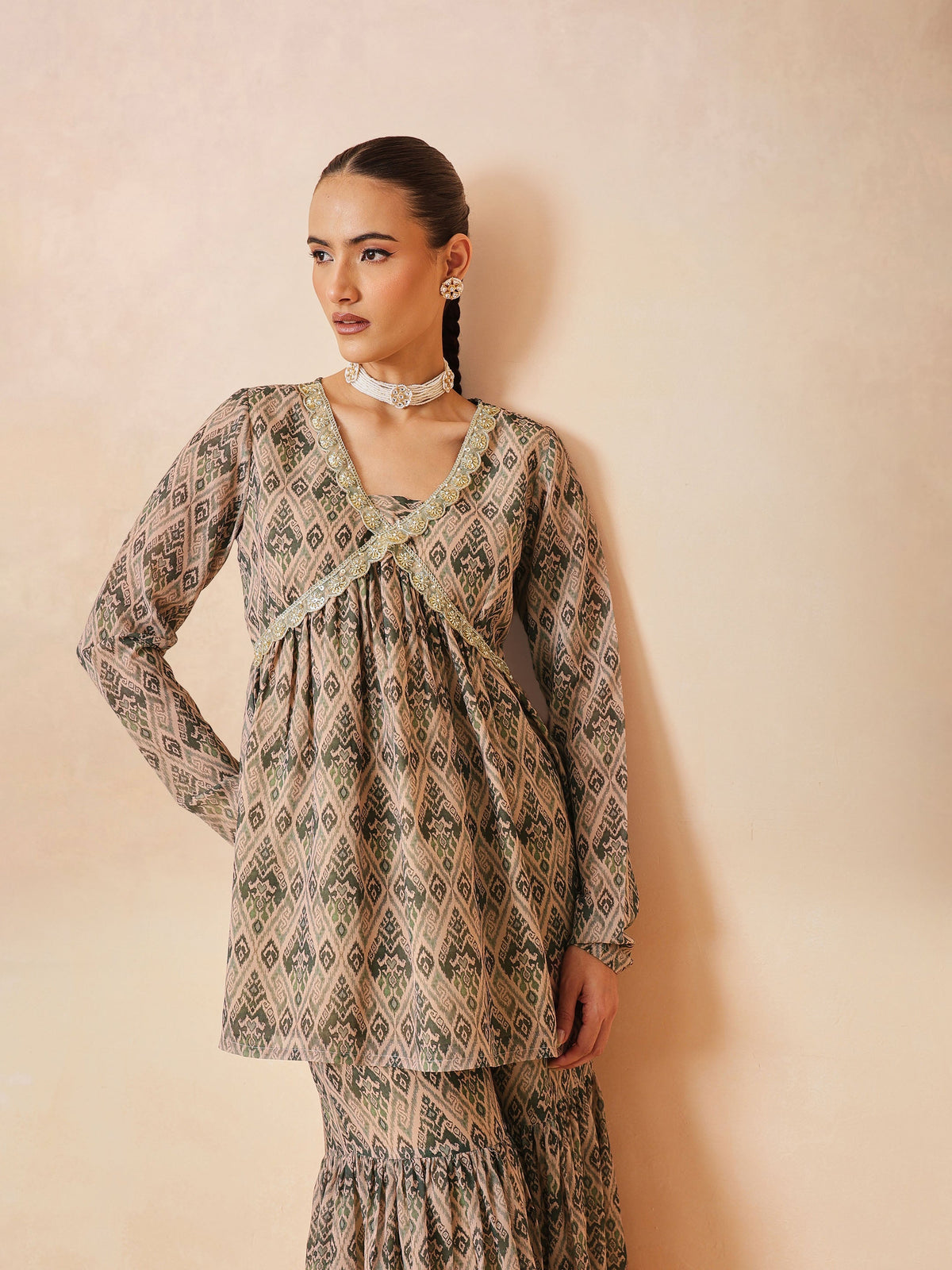 Beige & Olive Peplum Top With Sharara Pants -Shae by SASSAFRAS