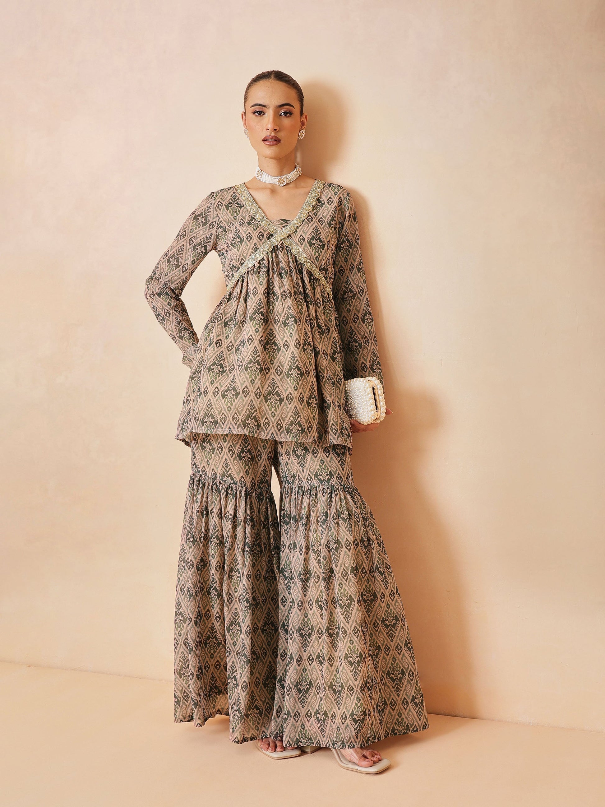 Beige & Olive Peplum Top With Sharara Pants -Shae by SASSAFRAS
