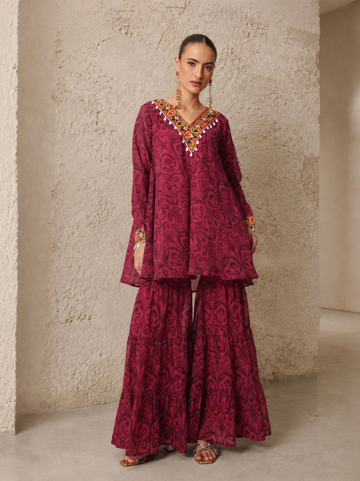 Fuchsia & Brown Ikat Print A line Kurti with Sharara Pants-Shae by SASSAFRAS