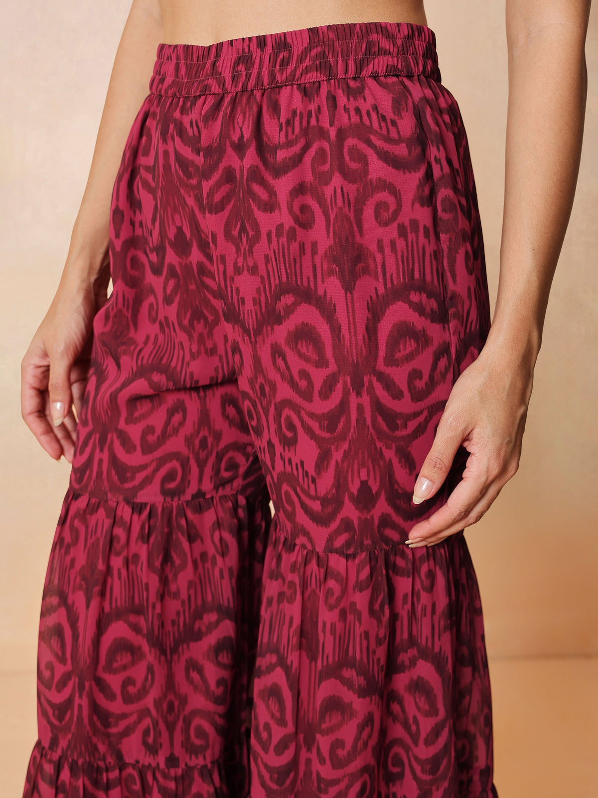 Fuchsia & Brown Ikat Print A line Kurti with Sharara Pants-Shae by SASSAFRAS