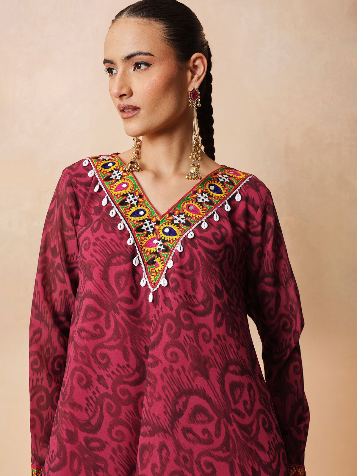 Fuchsia & Brown Ikat Print A line Kurti with Sharara Pants-Shae by SASSAFRAS