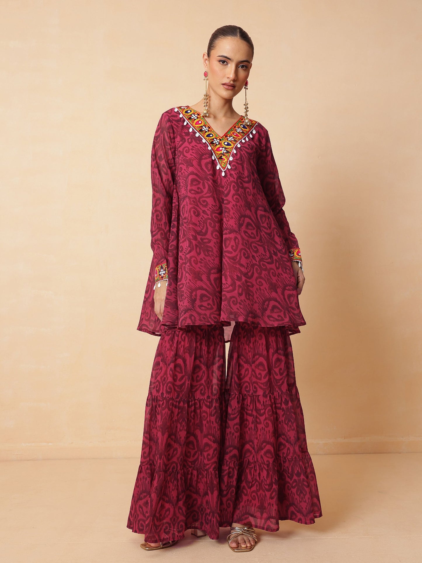 Fuchsia & Brown Ikat Print A line Kurti with Sharara Pants-Shae by SASSAFRAS