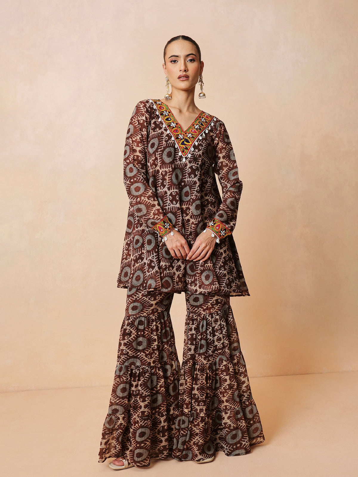 Brown & Beige Ikat Print A Line Kurti With Sharara Pants-Shae by SASSAFRAS