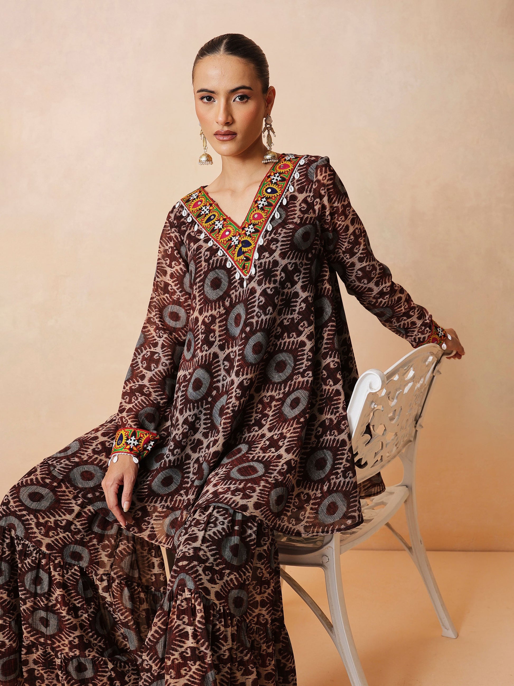 Brown & Beige Ikat Print A Line Kurti With Sharara Pants-Shae by SASSAFRAS