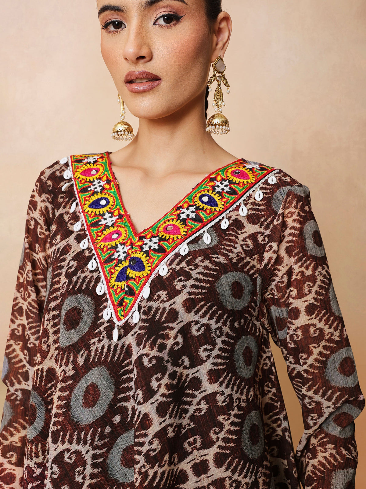 Brown & Beige Ikat Print A Line Kurti With Sharara Pants-Shae by SASSAFRAS