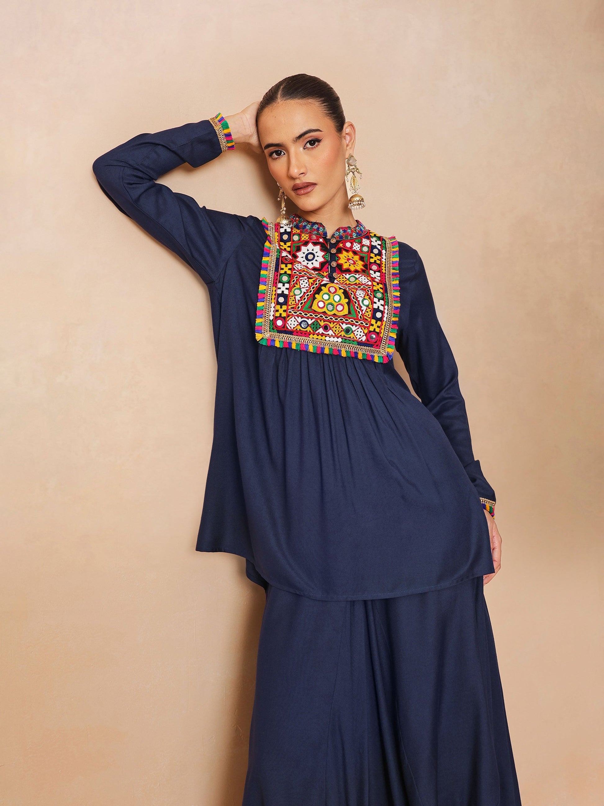 Navy Embroidered Peplum Top With Dhoti Skirt-Shae by SASSAFRAS