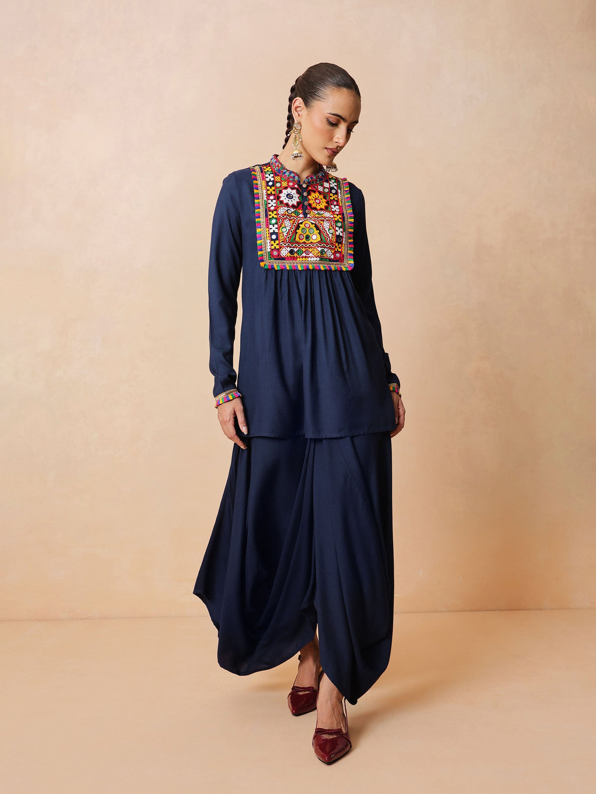 Navy Embroidered Peplum Top With Dhoti Skirt-Shae by SASSAFRAS
