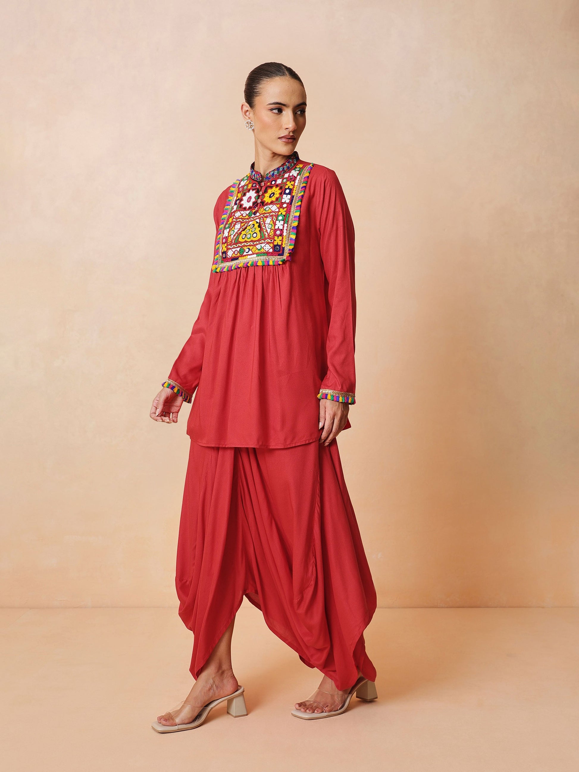 Red Embroidered Peplum Top With Dhoti Skirt-Shae by SASSAFRAS