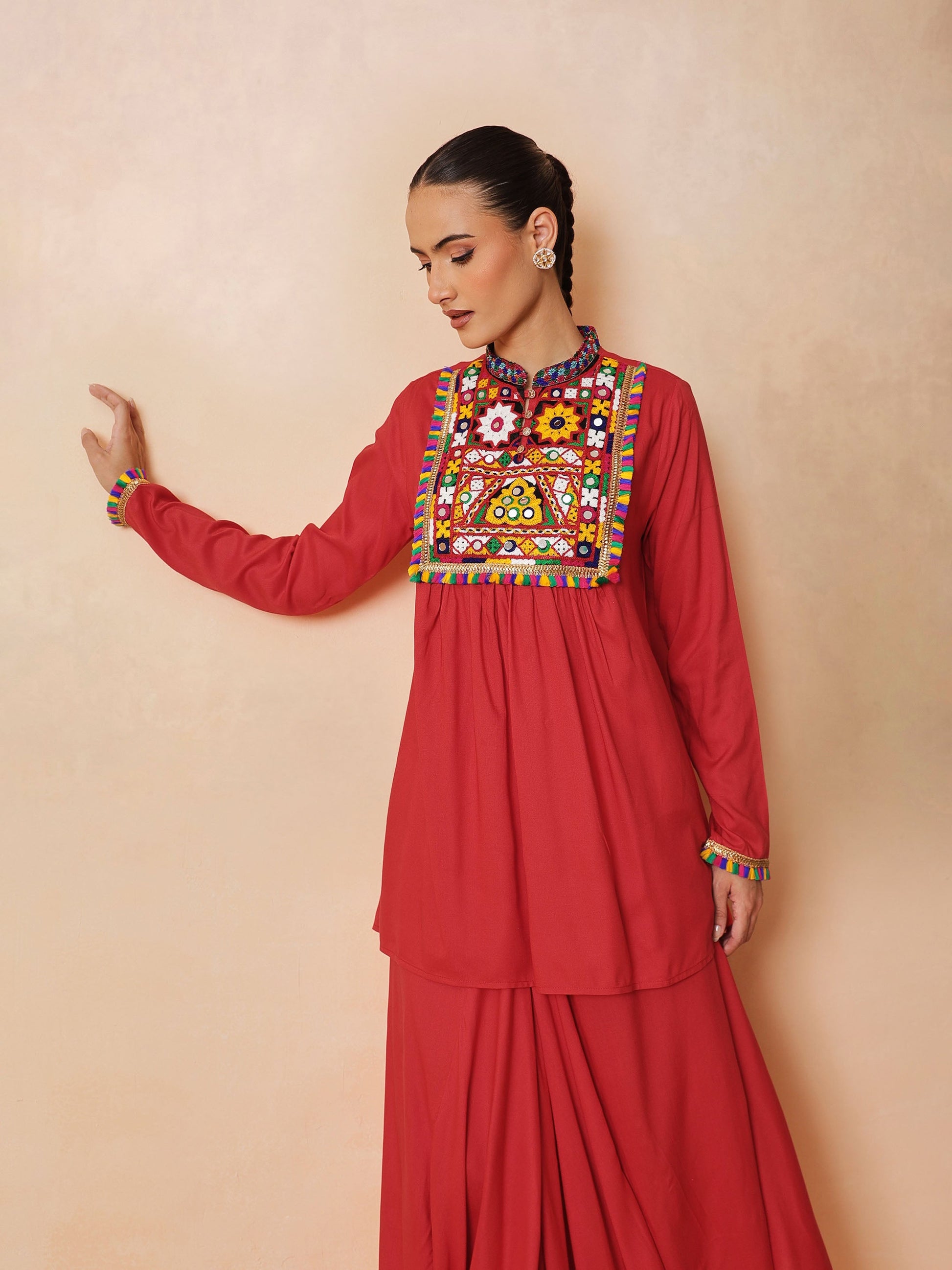 Red Embroidered Peplum Top With Dhoti Skirt-Shae by SASSAFRAS
