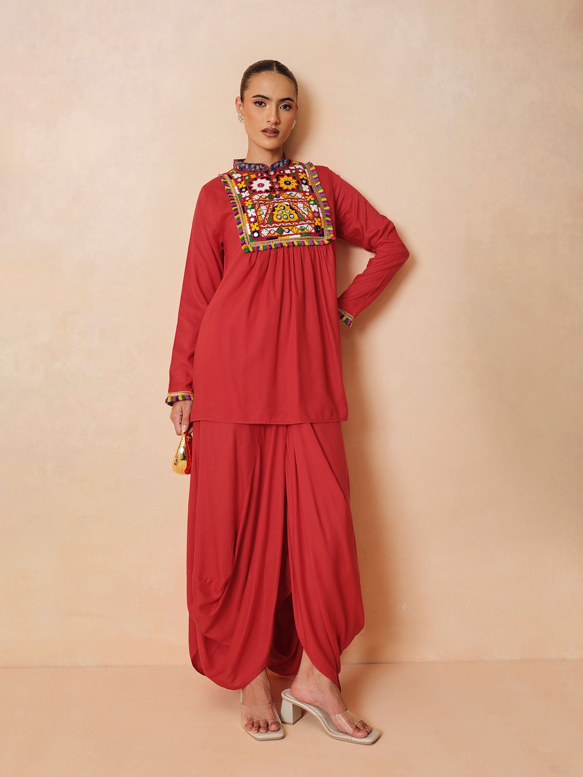 Red Embroidered Peplum Top With Dhoti Skirt-Shae by SASSAFRAS