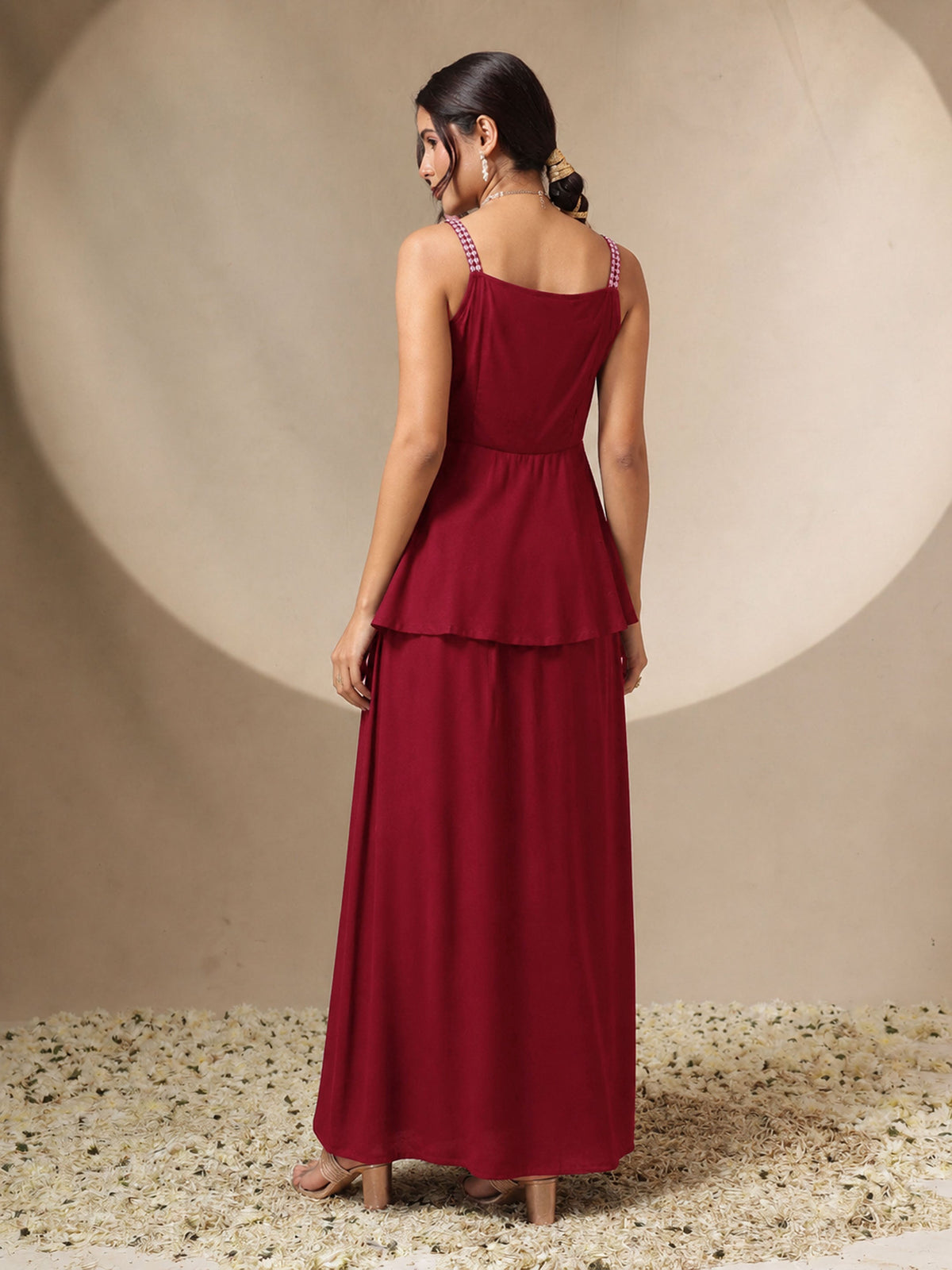 Red Embroidered Strappy Top With Dhoti Skirt -Shae by SASSAFRAS
