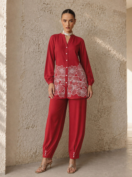 Red Hem Embroidered Shirt With Pleated Pants-Shae by SASSAFRAS