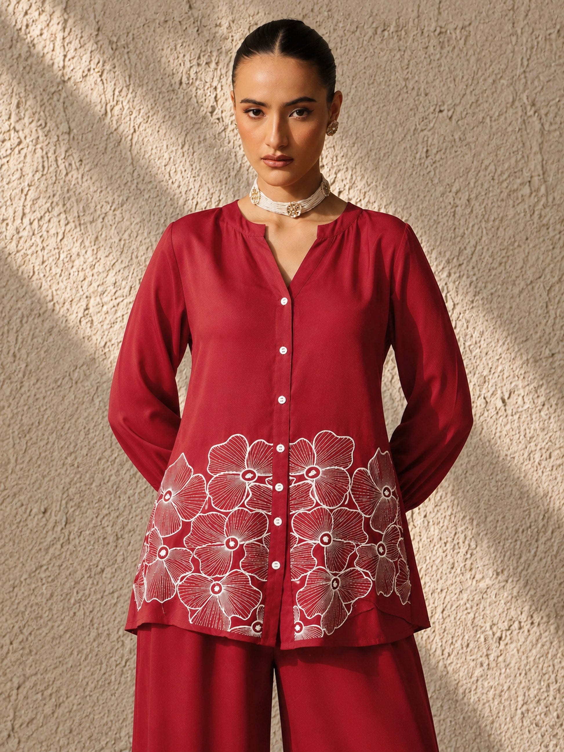 Red Hem Embroidered Shirt With Pleated Pants-Shae by SASSAFRAS