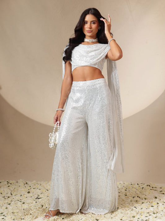 White Sequin Drape Dupatta Top With Fared Palazzos-Shae by SASSAFRAS