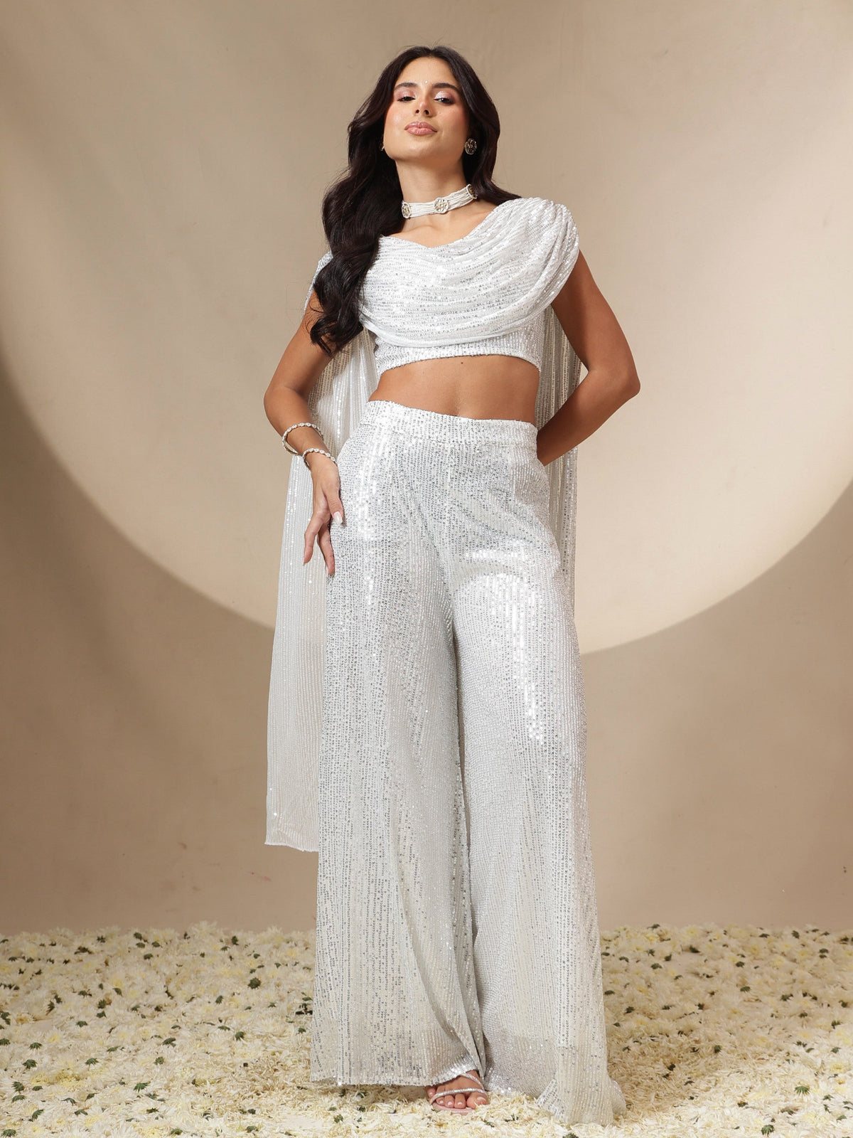 White Sequin Drape Dupatta Top With Fared Palazzos-Shae by SASSAFRAS