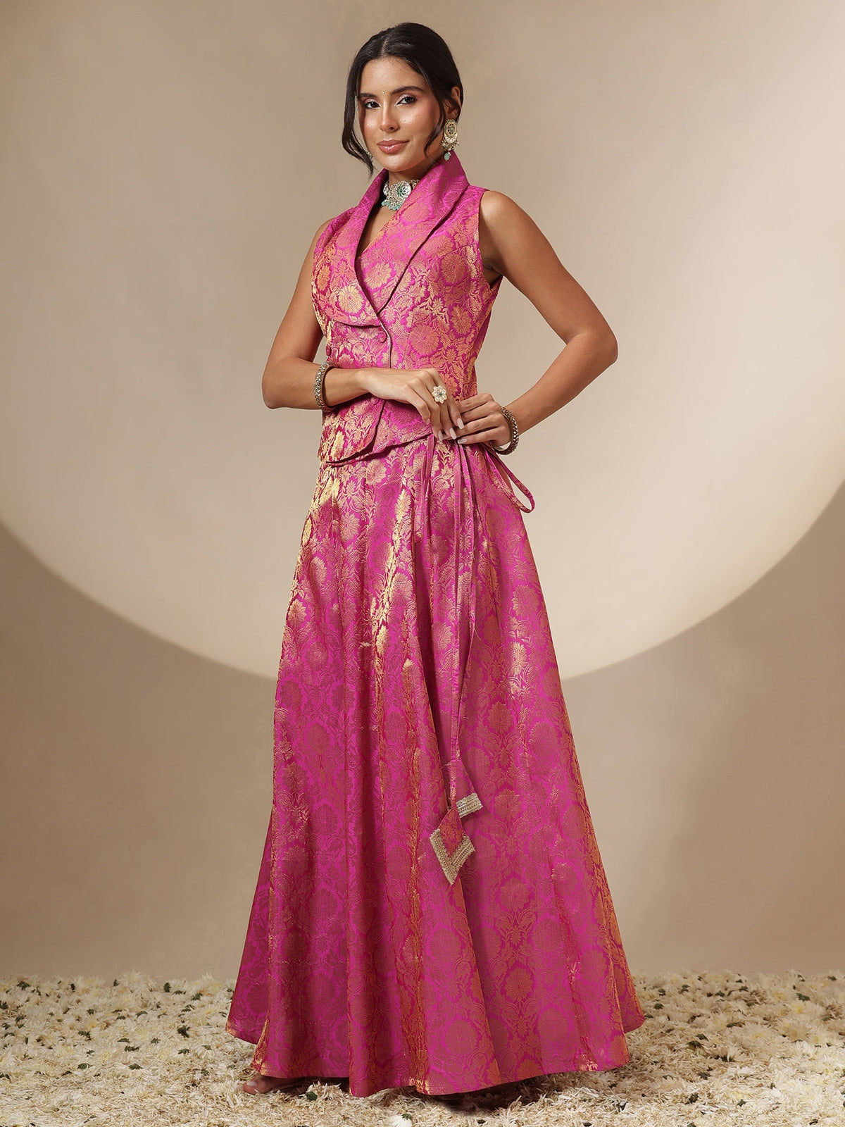 Fuchsia Brocade Vest Top With Anarkali Skirt -Shae by SASSAFRAS